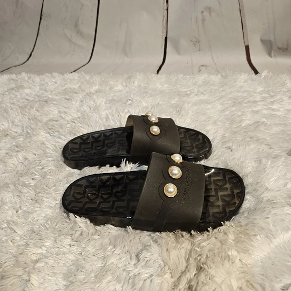 Karl Lagerfeld Paris Black Pearl Embellished Slides‎ Sandals Womens - Picture 3 of 10